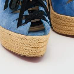 Christian Louboutin Blue/Grey Suede Lace Up Espadrille Platform Wedge Sandals Size 37