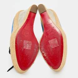 Christian Louboutin Blue/Grey Suede Lace Up Espadrille Platform Wedge Sandals Size 37