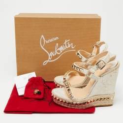 Pre Owned Christian Louboutin White/Light Gold Leather Cataclou Wedge Sandals Size 38