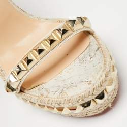 Pre Owned Christian Louboutin White/Light Gold Leather Cataclou Wedge Sandals Size 38