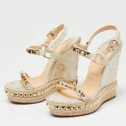 Pre Owned Christian Louboutin White/Light Gold Leather Cataclou Wedge Sandals Size 38