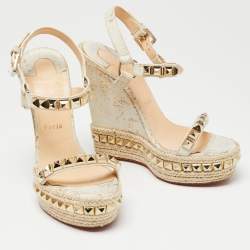 Pre Owned Christian Louboutin White/Light Gold Leather Cataclou Wedge Sandals Size 38