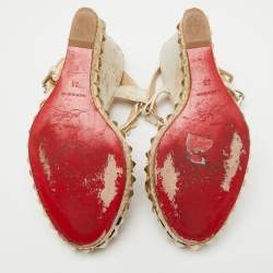 Pre Owned Christian Louboutin White/Light Gold Leather Cataclou Wedge Sandals Size 38