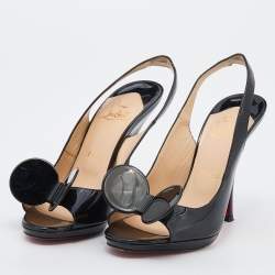 مملوكة مسبقًا صندل كريستيان لوبوتان مادام ماوس جلد أسود لامع مقدمة مفتوحة بحزام خلفي للكاحل مقاس 37.5