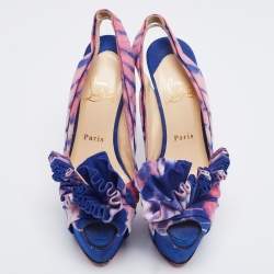 Pre Owned Christian Louboutin Blue/Pink Tie and Dye Fabric High BouBou Bazin Slingback Sandals Size 38