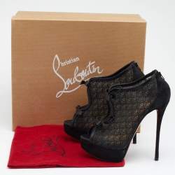Christian Louboutin Black Suede, Lace and Mesh Empiralta Bow Open Toe Ankle Booties Size 37