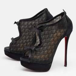 Christian Louboutin Black Suede, Lace and Mesh Empiralta Bow Open Toe Ankle Booties Size 37