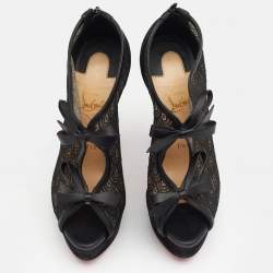 Christian Louboutin Black Suede, Lace and Mesh Empiralta Bow Open Toe Ankle Booties Size 37
