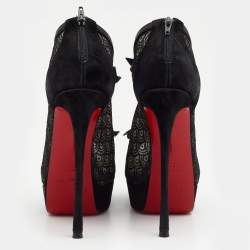 Christian Louboutin Black Suede, Lace and Mesh Empiralta Bow Open Toe Ankle Booties Size 37