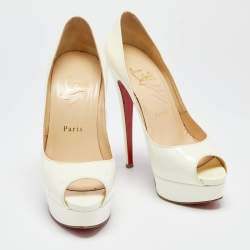 Pre Owned Christian Louboutin Off-White Patent Leather Lady Peep-Toe Platform Pumps Size 36.5