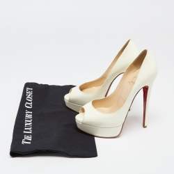 Pre Owned Christian Louboutin Off-White Patent Leather Lady Peep-Toe Platform Pumps Size 36.5