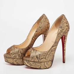 Christian Louboutin Gold Brocade Fabric Lady Peep-Toe Platform Pumps Size 38