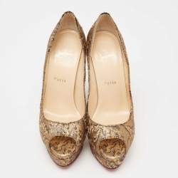 Christian Louboutin Gold Brocade Fabric Lady Peep-Toe Platform Pumps Size 38