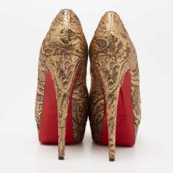 Christian Louboutin Gold Brocade Fabric Lady Peep-Toe Platform Pumps Size 38