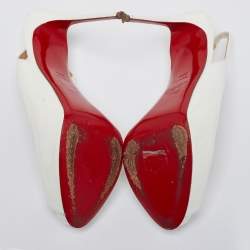 Pre Owned Christian Louboutin Off-White Patent Leather Private Number Slingback Sandals Size 38.5