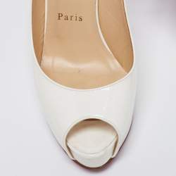 Pre Owned Christian Louboutin Off-White Patent Leather Private Number Slingback Sandals Size 38.5