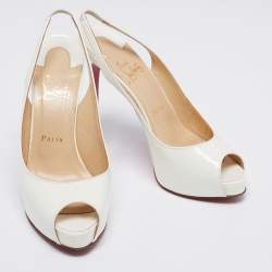 Pre Owned Christian Louboutin Off-White Patent Leather Private Number Slingback Sandals Size 38.5