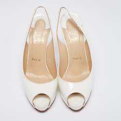 Pre Owned Christian Louboutin Off-White Patent Leather Private Number Slingback Sandals Size 38.5