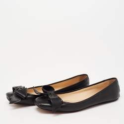 Pre Owned Christian Louboutin Black Leather Bow Detail Ballet Flats Size 35.5