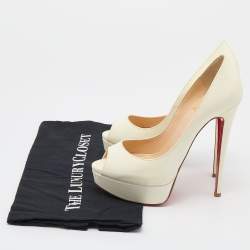 Pre Owned Christian Louboutin Off White Patent Leather Lady Peep Toe Platform Pumps Size 37.5