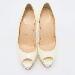 Pre Owned Christian Louboutin Off White Patent Leather Lady Peep Toe Platform Pumps Size 37.5