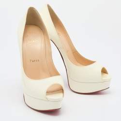 Pre Owned Christian Louboutin Off White Patent Leather Lady Peep Toe Platform Pumps Size 37.5