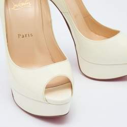 Pre Owned Christian Louboutin Off White Patent Leather Lady Peep Toe Platform Pumps Size 37.5