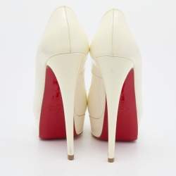 Pre Owned Christian Louboutin Off White Patent Leather Lady Peep Toe Platform Pumps Size 37.5