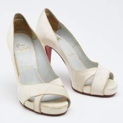 Pre Owned Christian Louboutin Off White Satin Shelley Peep-Toe Pumps Size 36