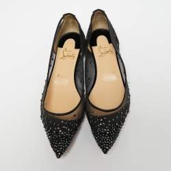 مملوكة مسبقًا حذاء باليرينا فلات كريستيان لوبوتان فوليه ستراس سويدي مرصع وشبك أسود مقاس 37.5