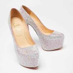 Pre Owned Christian Louboutin Pink/Silver Crystal Embellished Suede Daffodile Platform Pumps Size 37.5