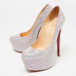 Pre Owned Christian Louboutin Pink/Silver Crystal Embellished Suede Daffodile Platform Pumps Size 37.5