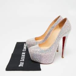 Pre Owned Christian Louboutin Pink/Silver Crystal Embellished Suede Daffodile Platform Pumps Size 37.5