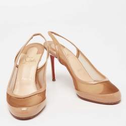 Pre Owned Christian Louboutin Beige Mesh and Patent Leather Slingback Pumps Size 38
