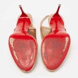 Pre Owned Christian Louboutin Beige Mesh and Patent Leather Slingback Pumps Size 38