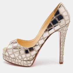 Pre Owned Christian Louboutin Silver Mirror Leather/Satin Mosaic 'Sobek' Peep Toe Platform Pumps Size 36
