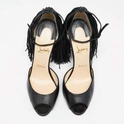 Christian Louboutin Black Leather Otrot Fringe Ankle-Strap Sandals Size 40 