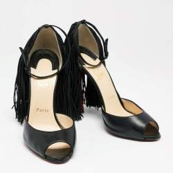 Christian Louboutin Black Leather Otrot Fringe Ankle-Strap Sandals Size 40 