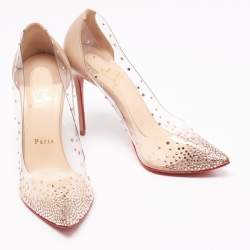 Pre Owned Christian Louboutin Beige Leather And PVC Degrastrass Pointed Toe Pumps Size 38