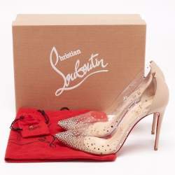 Pre Owned Christian Louboutin Beige Leather And PVC Degrastrass Pointed Toe Pumps Size 38