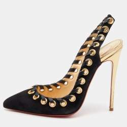مملوكة مسبقًا Christian Louboutin Black Suede And Leather Trim Whipstitch Ostri Slingback Sandals Size 37