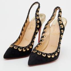 مملوكة مسبقًا Christian Louboutin Black Suede And Leather Trim Whipstitch Ostri Slingback Sandals Size 37