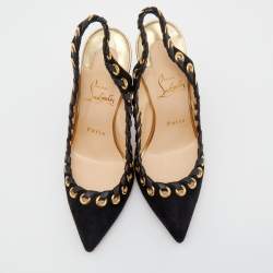 مملوكة مسبقًا Christian Louboutin Black Suede And Leather Trim Whipstitch Ostri Slingback Sandals Size 37