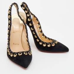 مملوكة مسبقًا Christian Louboutin Black Suede And Leather Trim Whipstitch Ostri Slingback Sandals Size 37