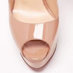Pre Owned Christian Louboutin Beige Patent Leather Lady Peep Toe Sandals Size 37.5