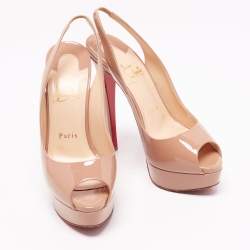 Pre Owned Christian Louboutin Beige Patent Leather Lady Peep Toe Sandals Size 37.5