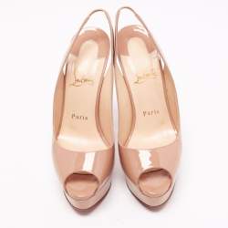 Pre Owned Christian Louboutin Beige Patent Leather Lady Peep Toe Sandals Size 37.5