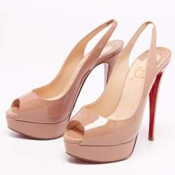 Pre Owned Christian Louboutin Beige Patent Leather Lady Peep Toe Sandals Size 37.5