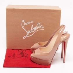 Pre Owned Christian Louboutin Beige Patent Leather Lady Peep Toe Sandals Size 37.5