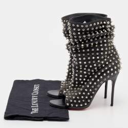 Pre Owned Christian Louboutin Black Leather Spiked Guerilla Peep Toe Slouchy Ankle Boots Size 36.5